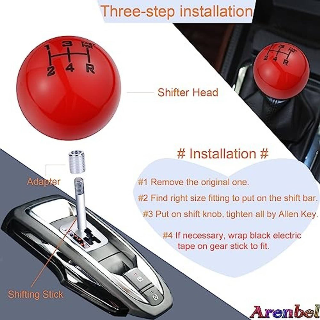 Red round gear shift knob with 1-5 and R markings, with installation adapter parts