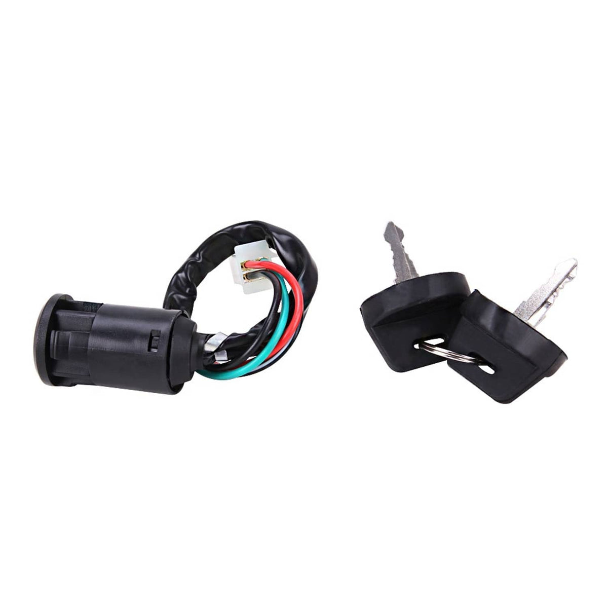 Ignition key switch with keys and 4-wire harness, black cylinder and white connector