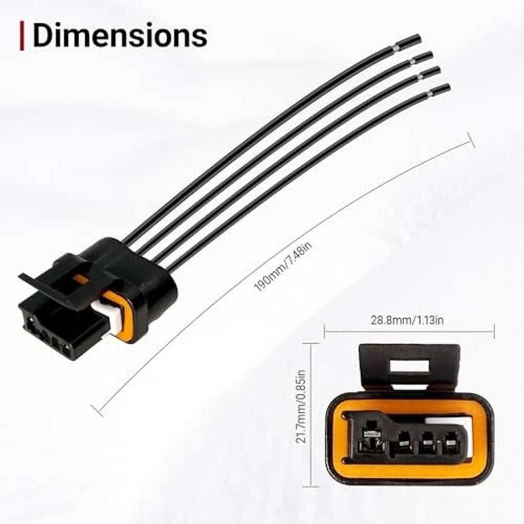 Wiring harness connector with multi-pin socket, black leads, and orange end label