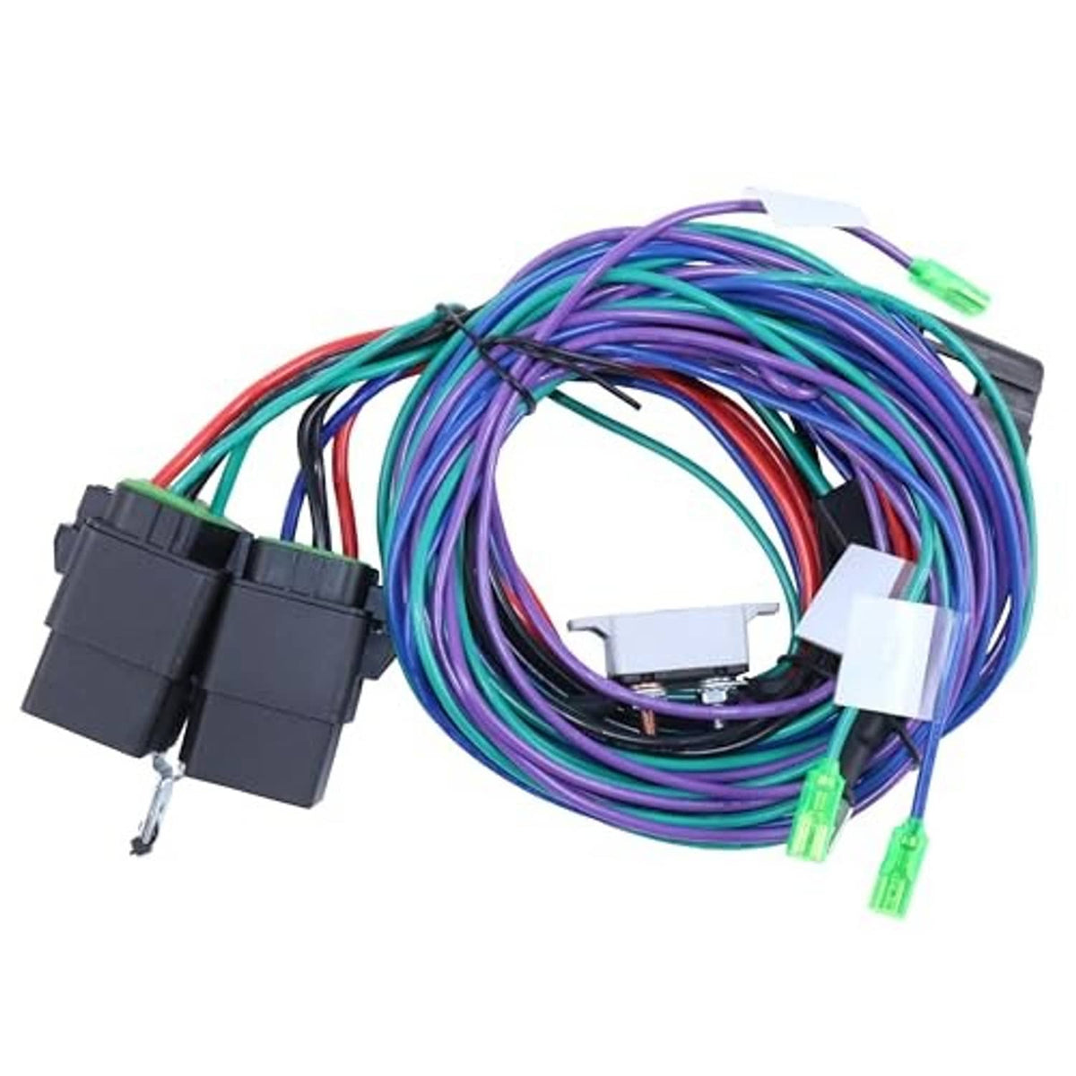 Wiring cable harness kit with multicolor wire coil, green keyed connectors, black housings, white blocks