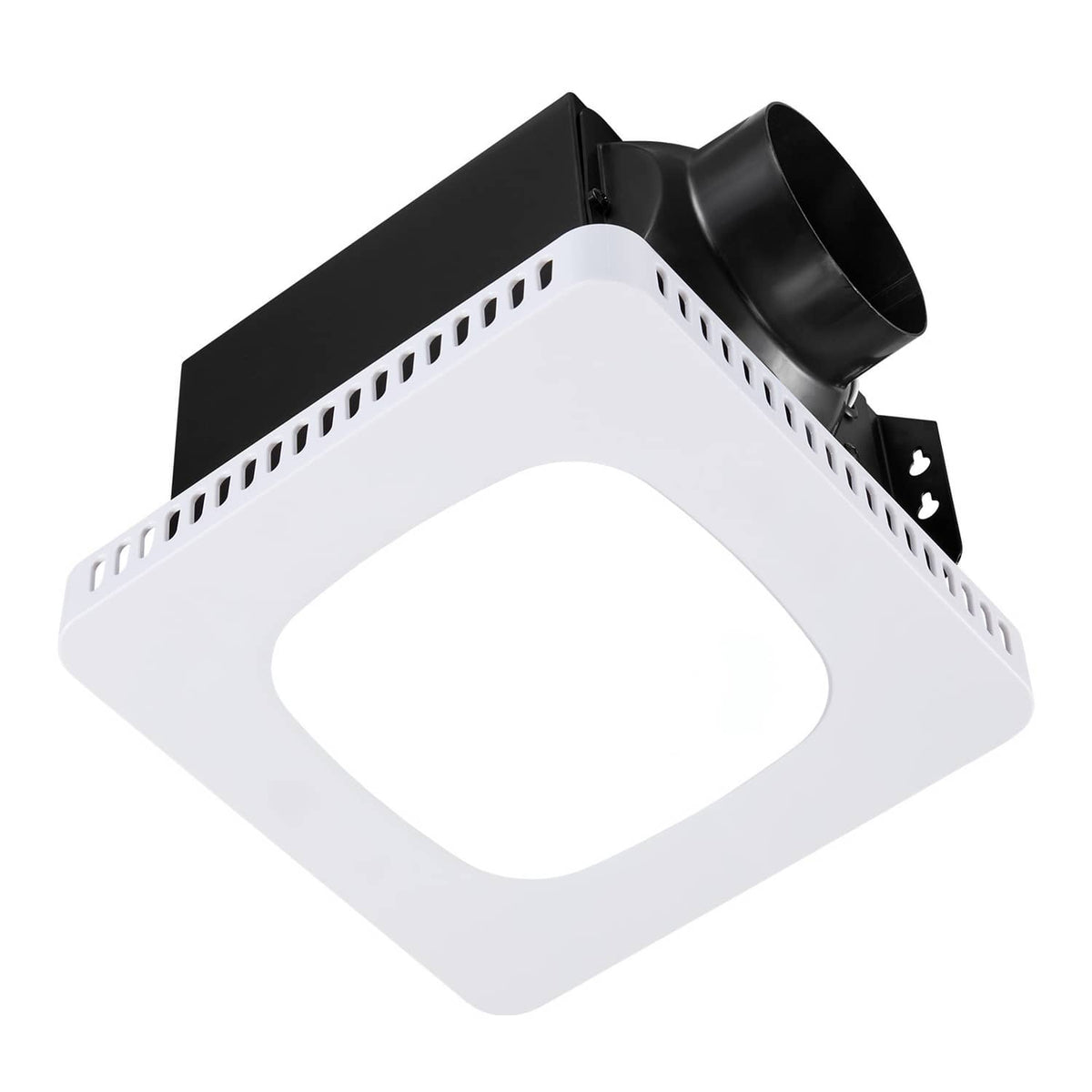 White ceiling ventilation fan with LED light, side duct outlet, and dark cover