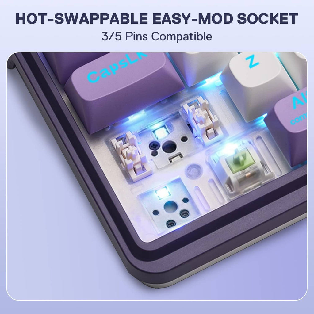 Purple keyboard interior view showing hot-swap socket area and RGB-lit switch positions