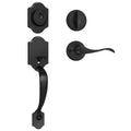 Matte black passage door handle and deadbolt set, exterior and interior plates