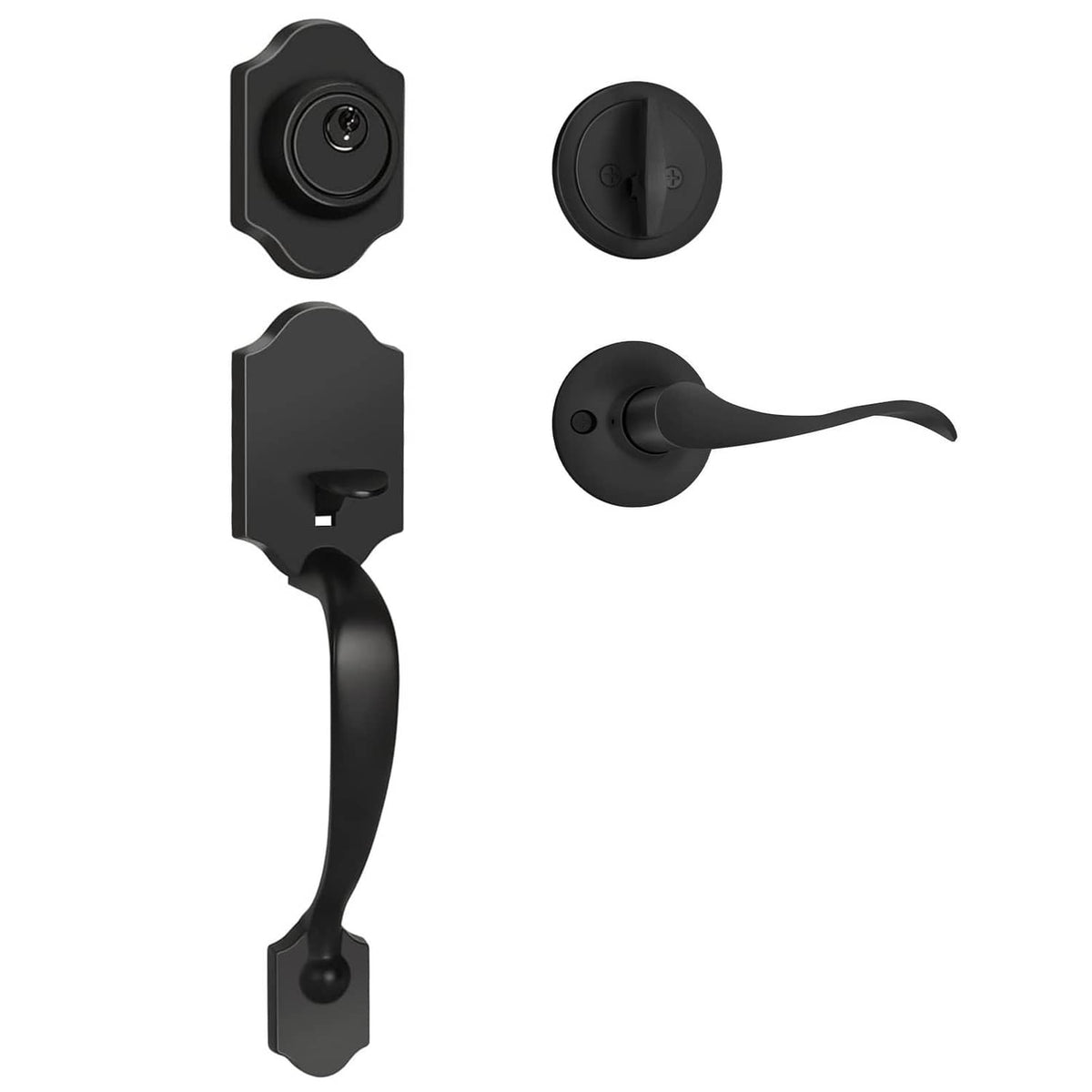 Matte black passage door handle and deadbolt set, exterior and interior plates