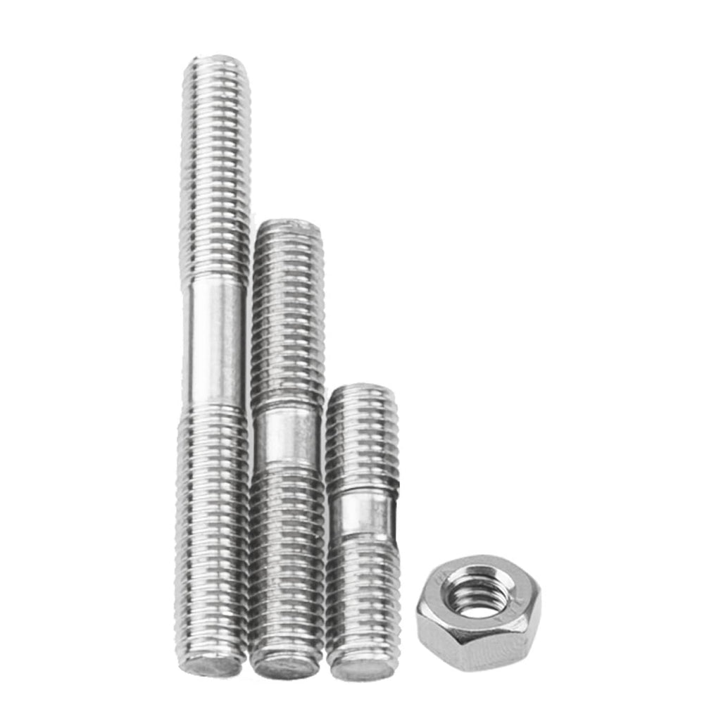 Stack of stainless steel double-end threaded studs with hex nut
