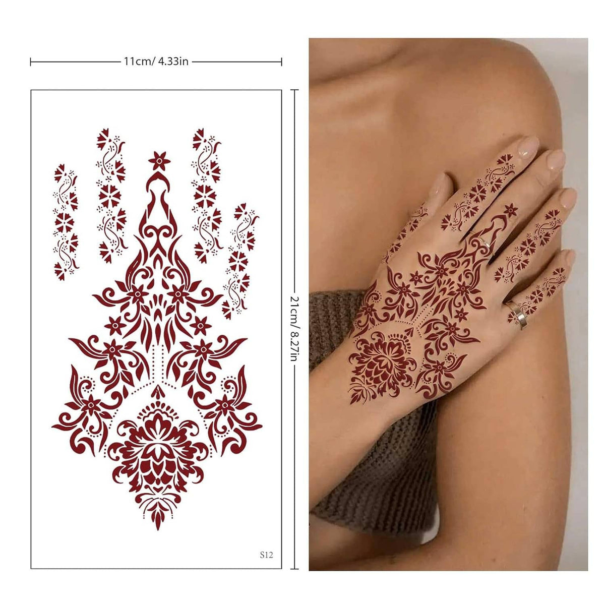 Brown henna tattoo on arm with red floral swirl and starburst lace design