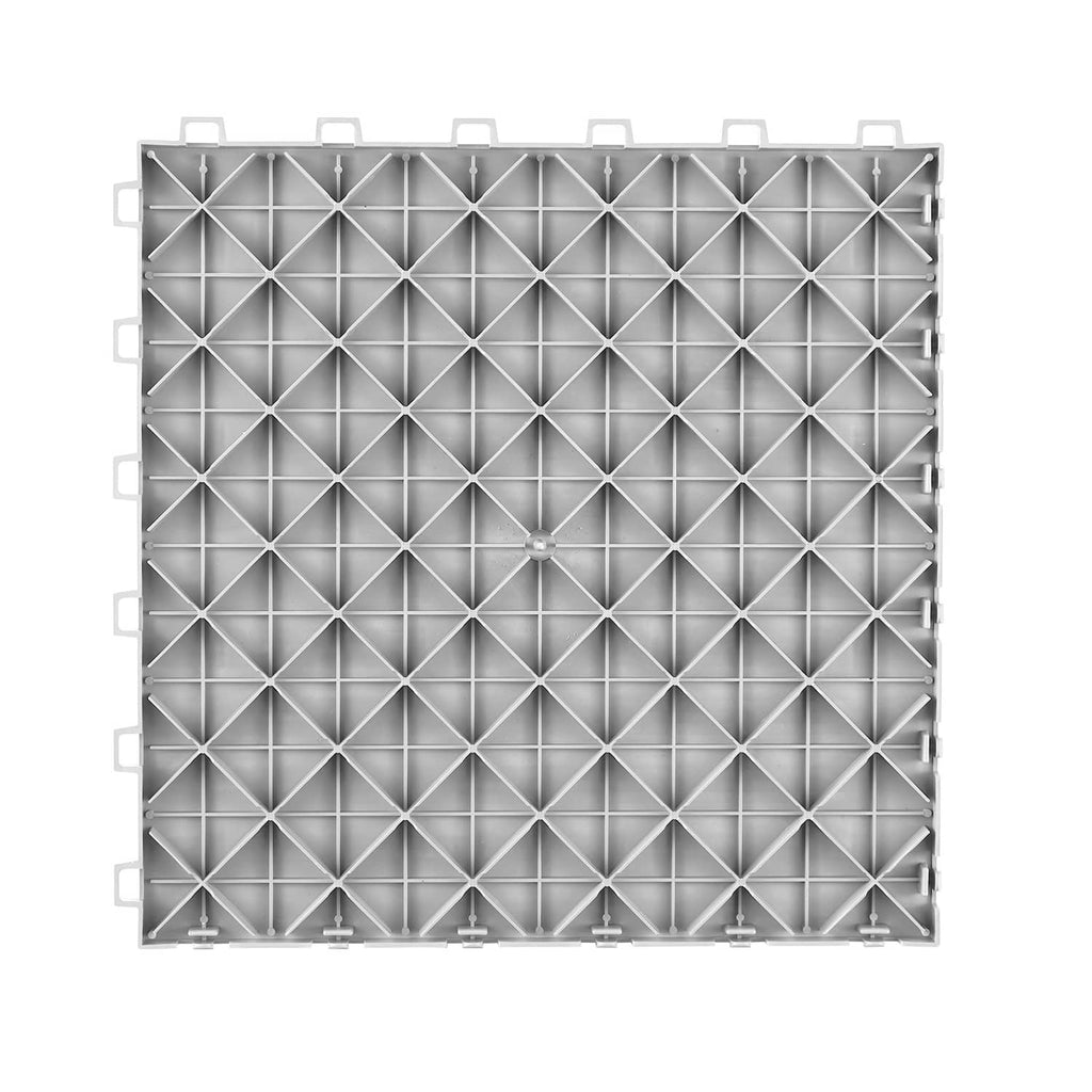 Underside of silver interlocking garage floor tiles with square diamond support grid