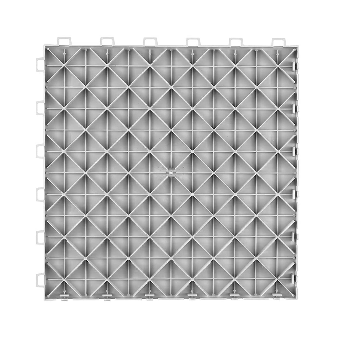 Underside of silver interlocking garage floor tiles with square diamond support grid