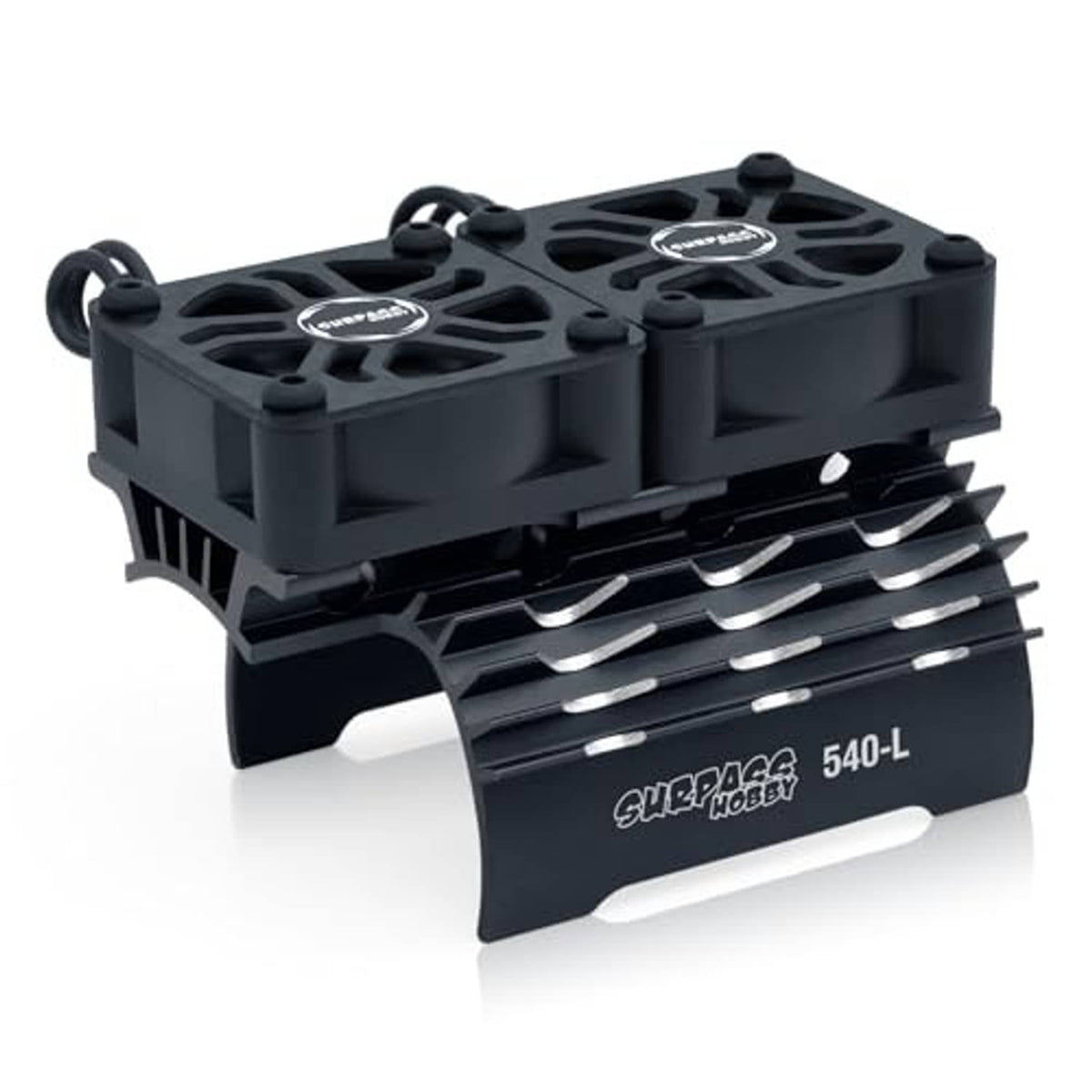 Black dual-fan RC motor cooling unit with vented top plate and silver heat fins