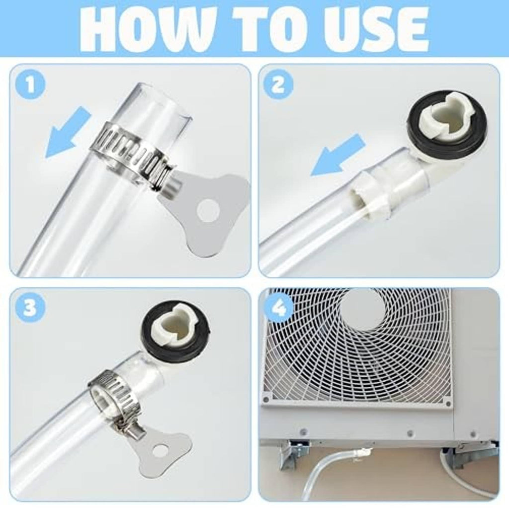 Universal AC drain hose connector assembly with hose clamps and white PVC fittings
