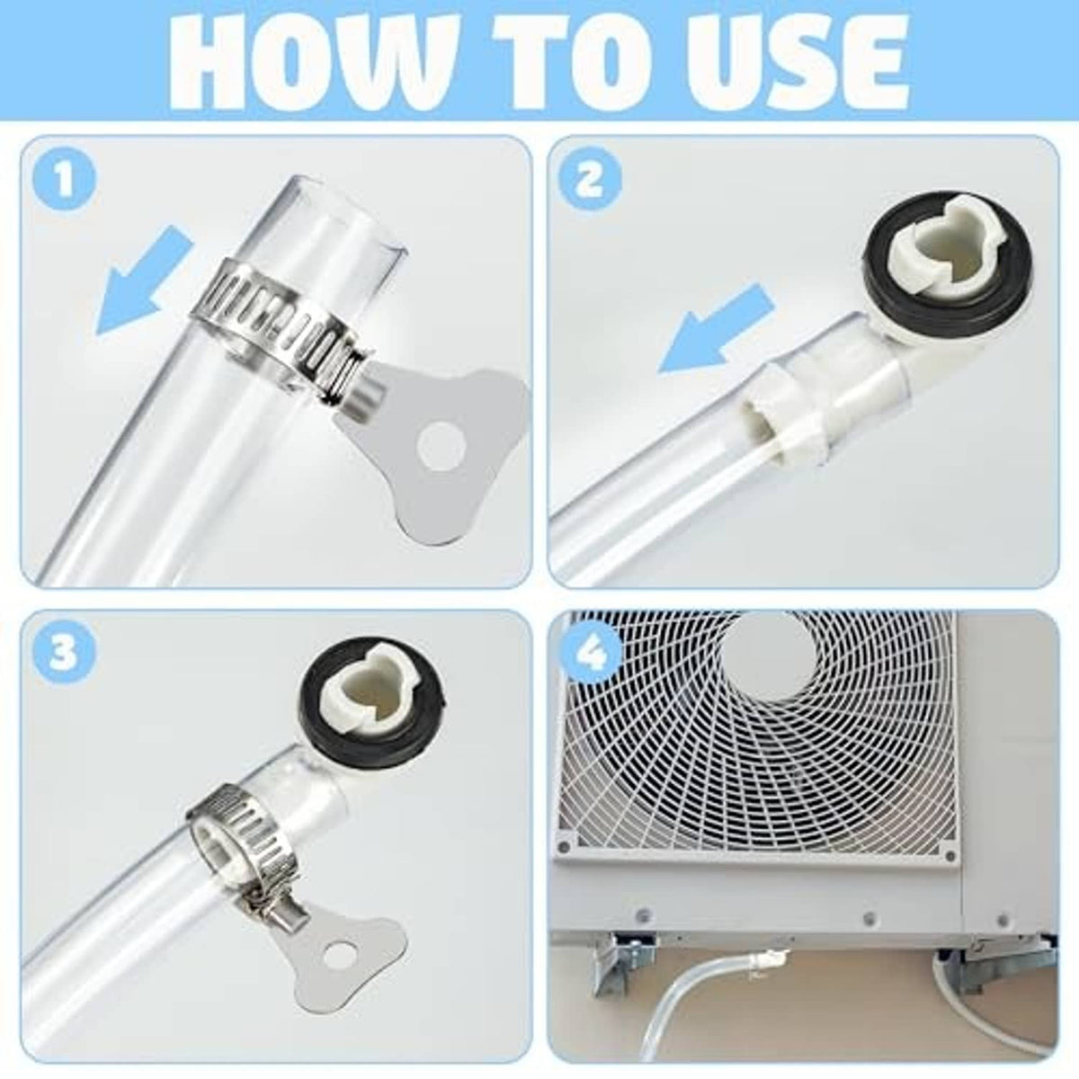 Universal AC drain hose connector assembly with hose clamps and white PVC fittings