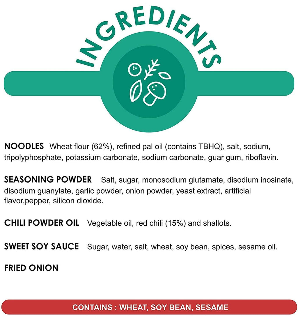 Ingredients label: noodles wheat flour, seasoning powder, chili powder oil; contains wheat/soy/sesame