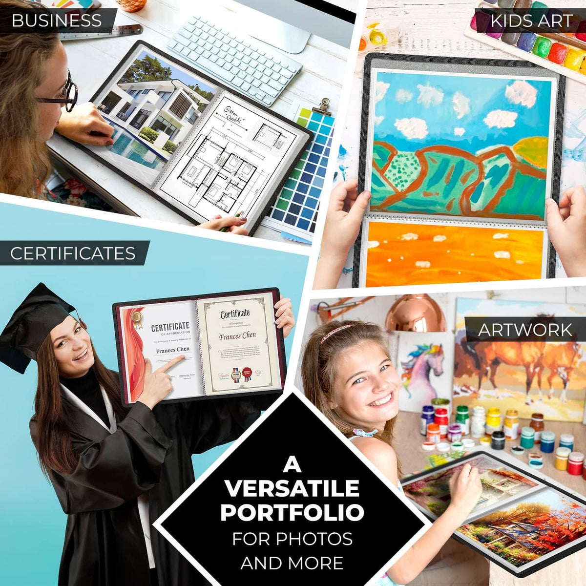 Black versatile portfolio folder for certificates, artwork, and photos with multiple sheets