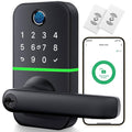 Black smart keypad door lock with fingerprint sensor and lever handle