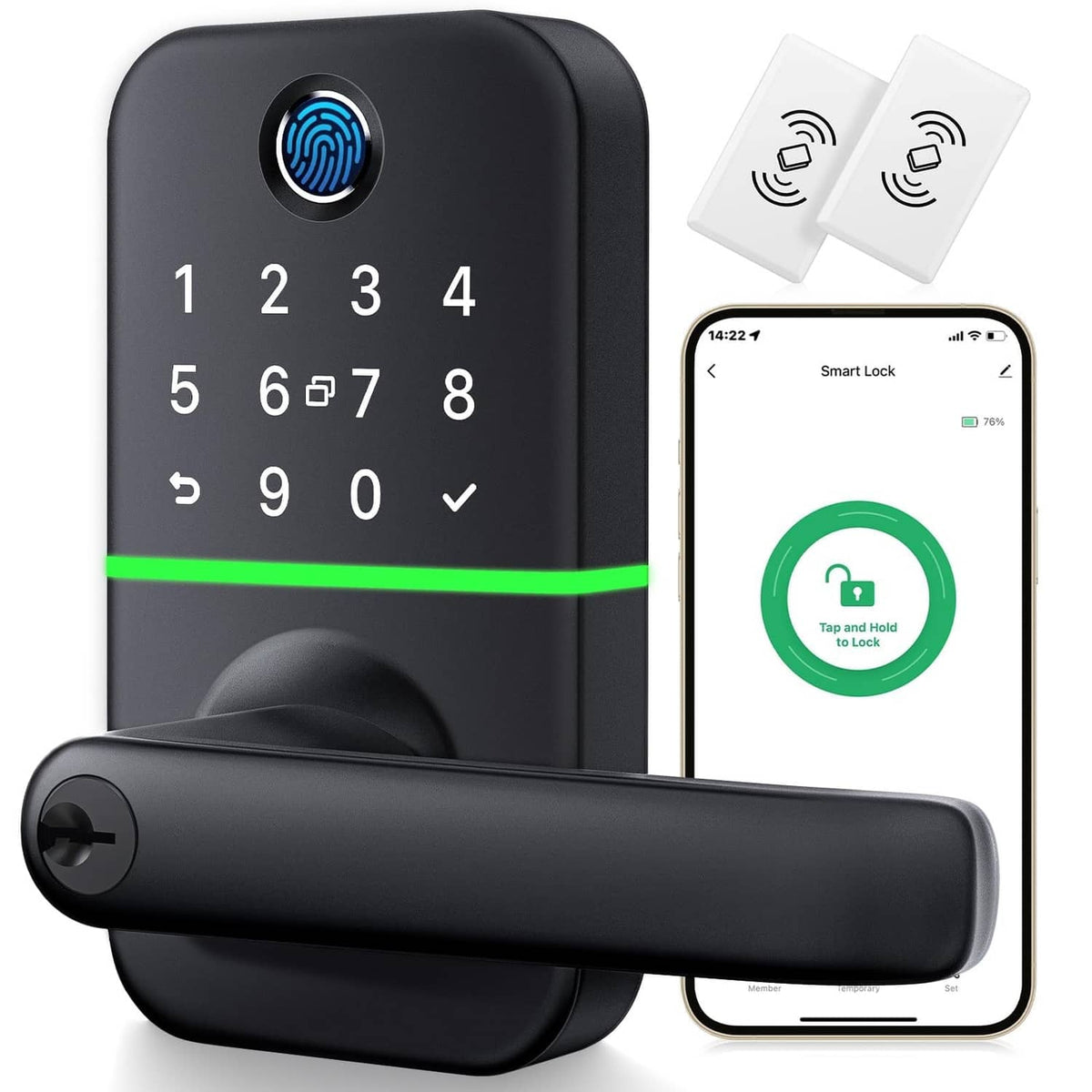 Black smart keypad door lock with fingerprint sensor and lever handle