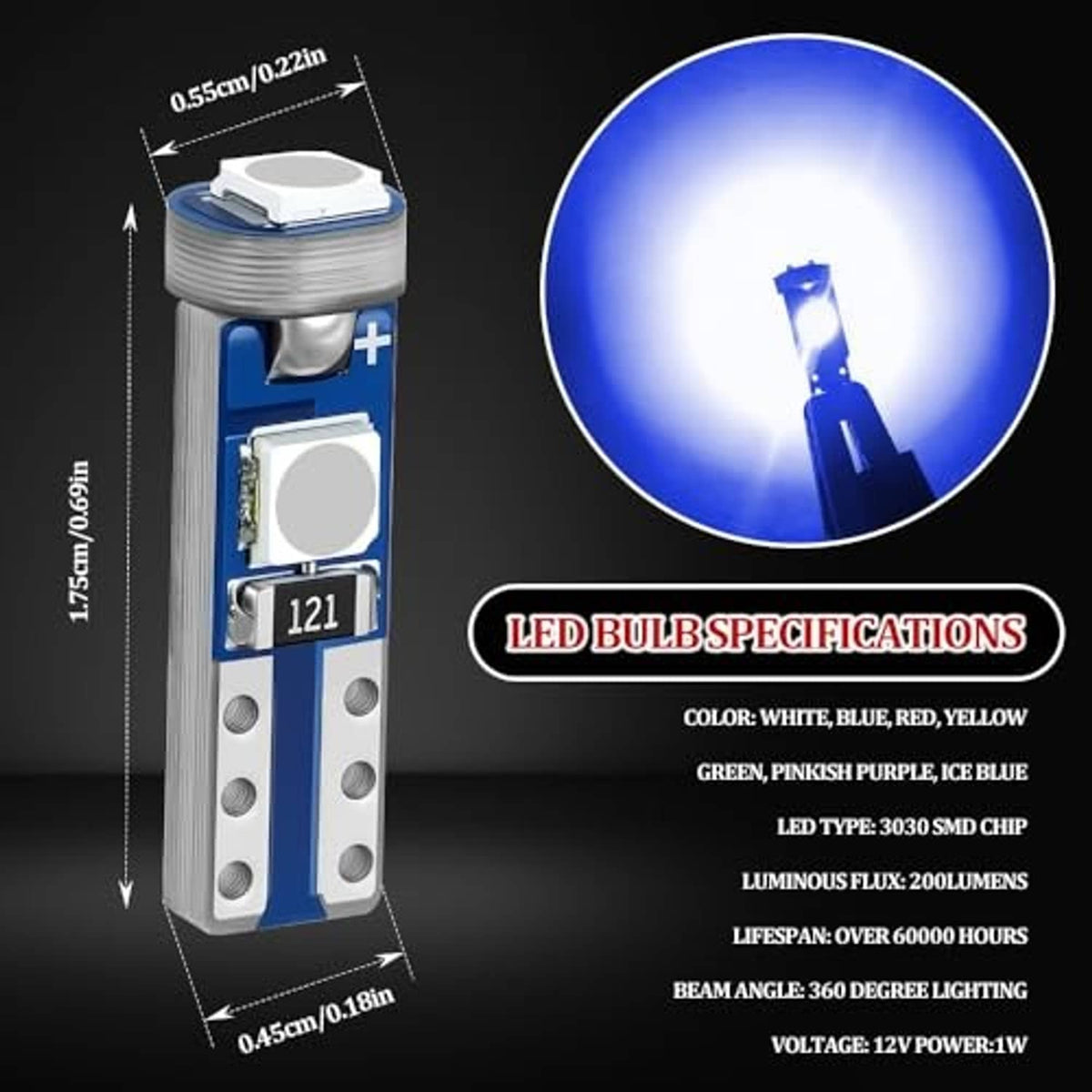 Blue T5 LED car bulb with bright blue light glow