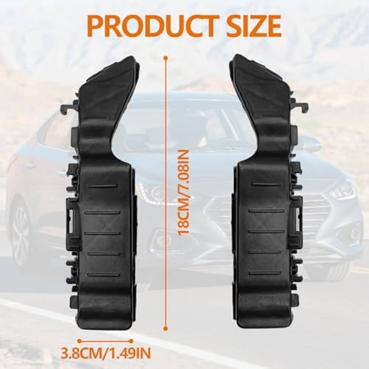 Black left and right front bumper brackets, molded plastic with mounting holes