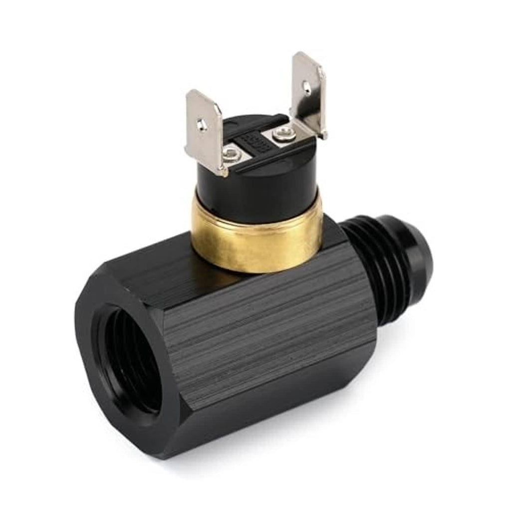 In-line electric fan thermostat switch with black body and brass electrical terminals