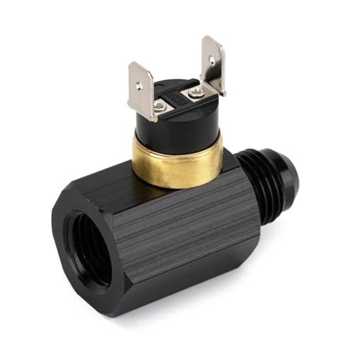 In-line electric fan thermostat switch with black body and brass electrical terminals