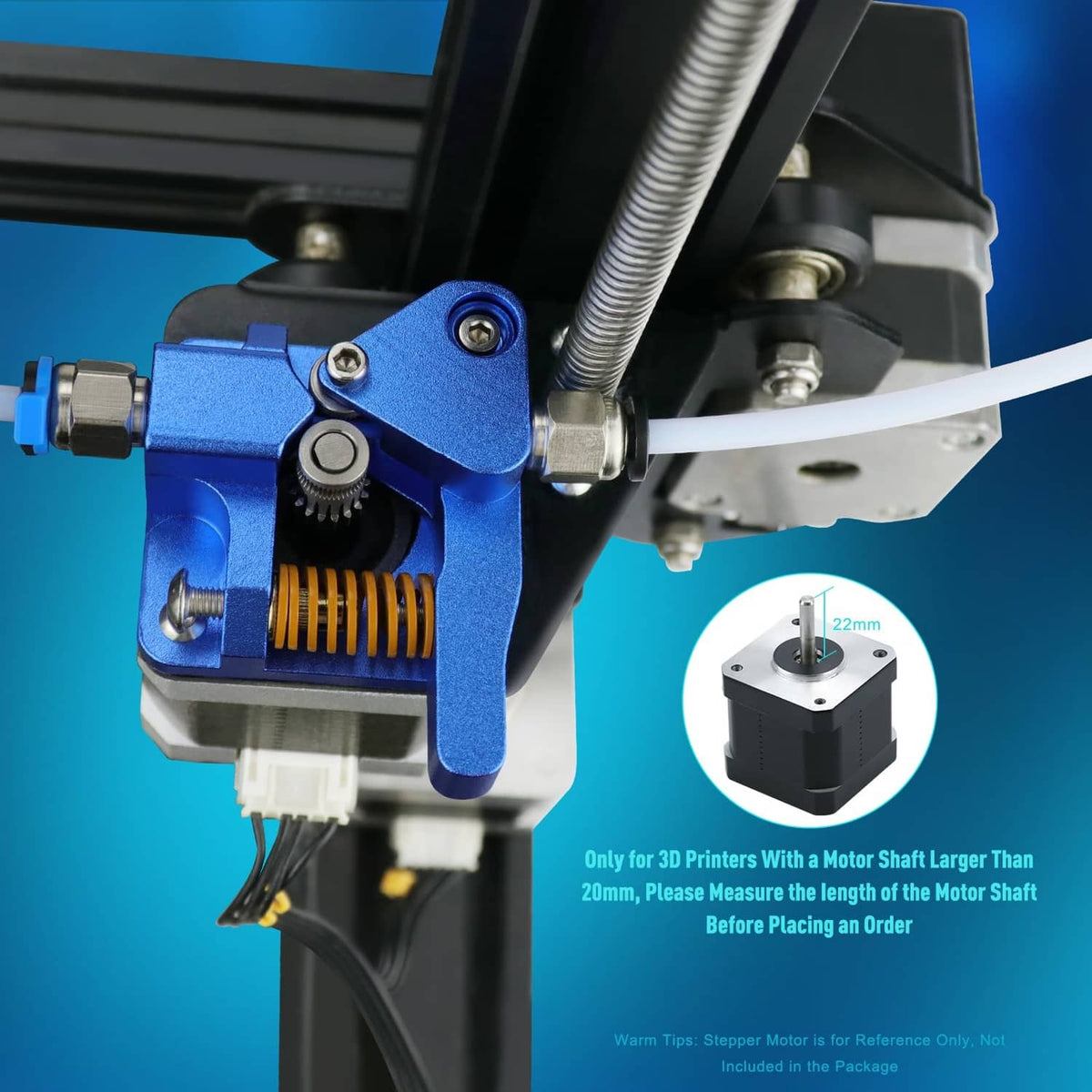 Close-up of blue dual-gear extruder mechanism with brass spring gear and nozzle