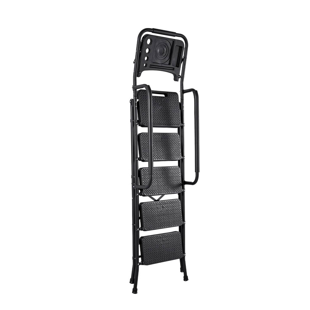 5-step ladder with mesh anti-slip steps, back support panel, and dual side handrails