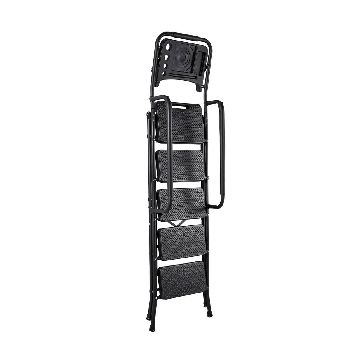 5-step ladder with mesh anti-slip steps, back support panel, and dual side handrails