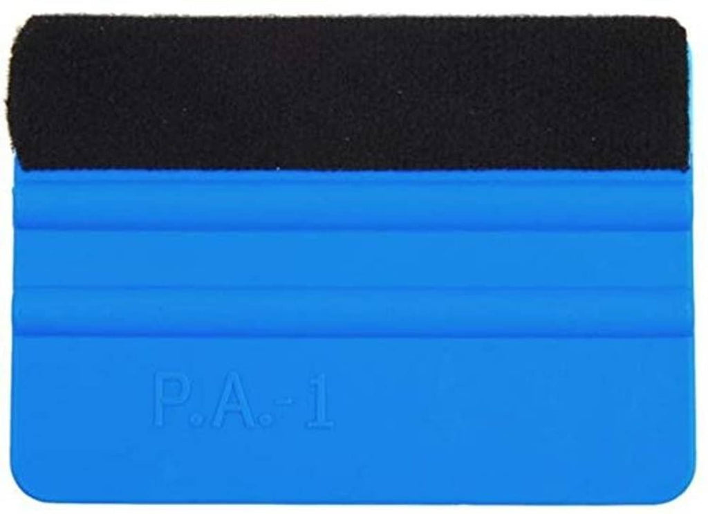 Plastic squeegee tool with blue ridged grip and black felt scraping edge