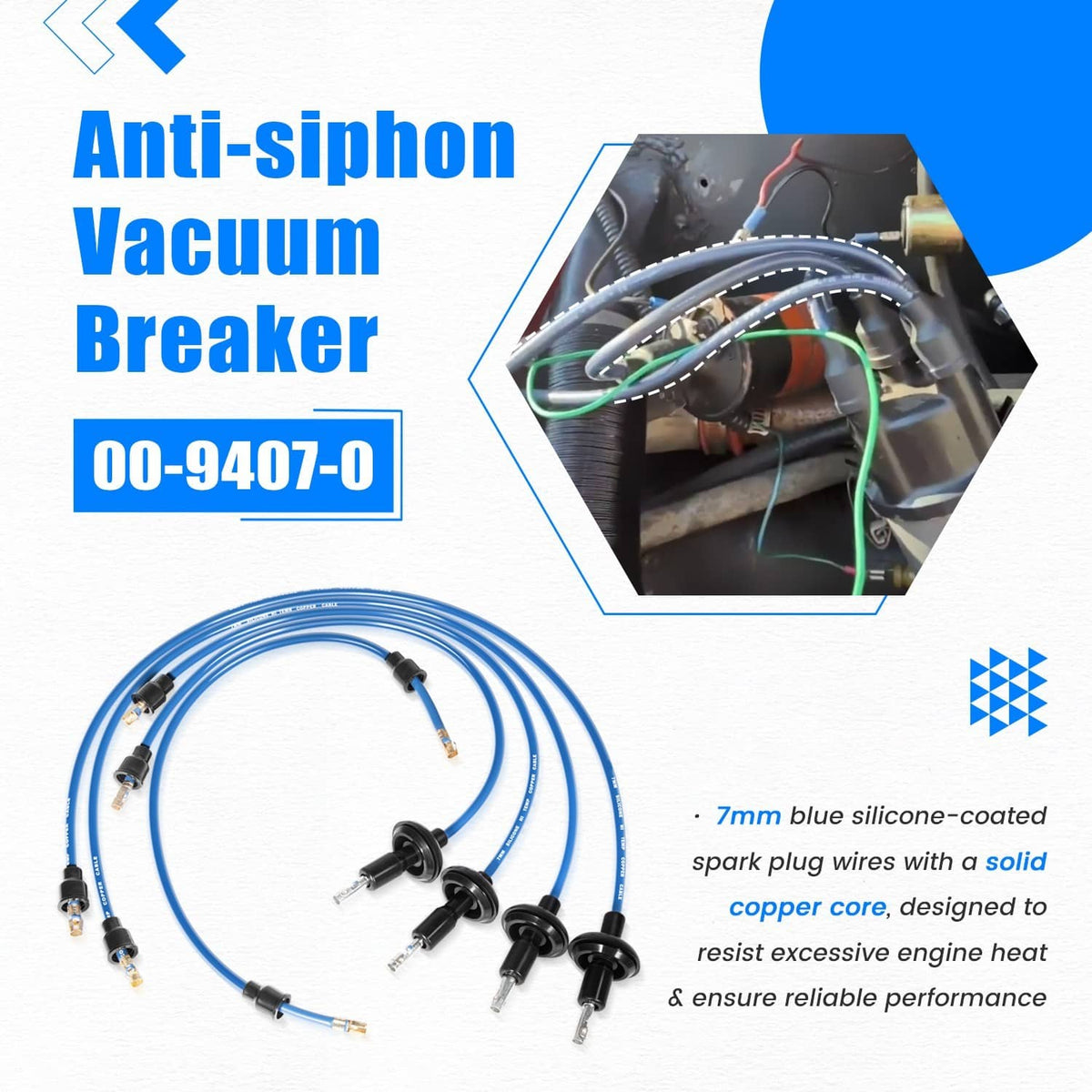 Coiled blue ignition spark plug wire set with black boots and plug leads
