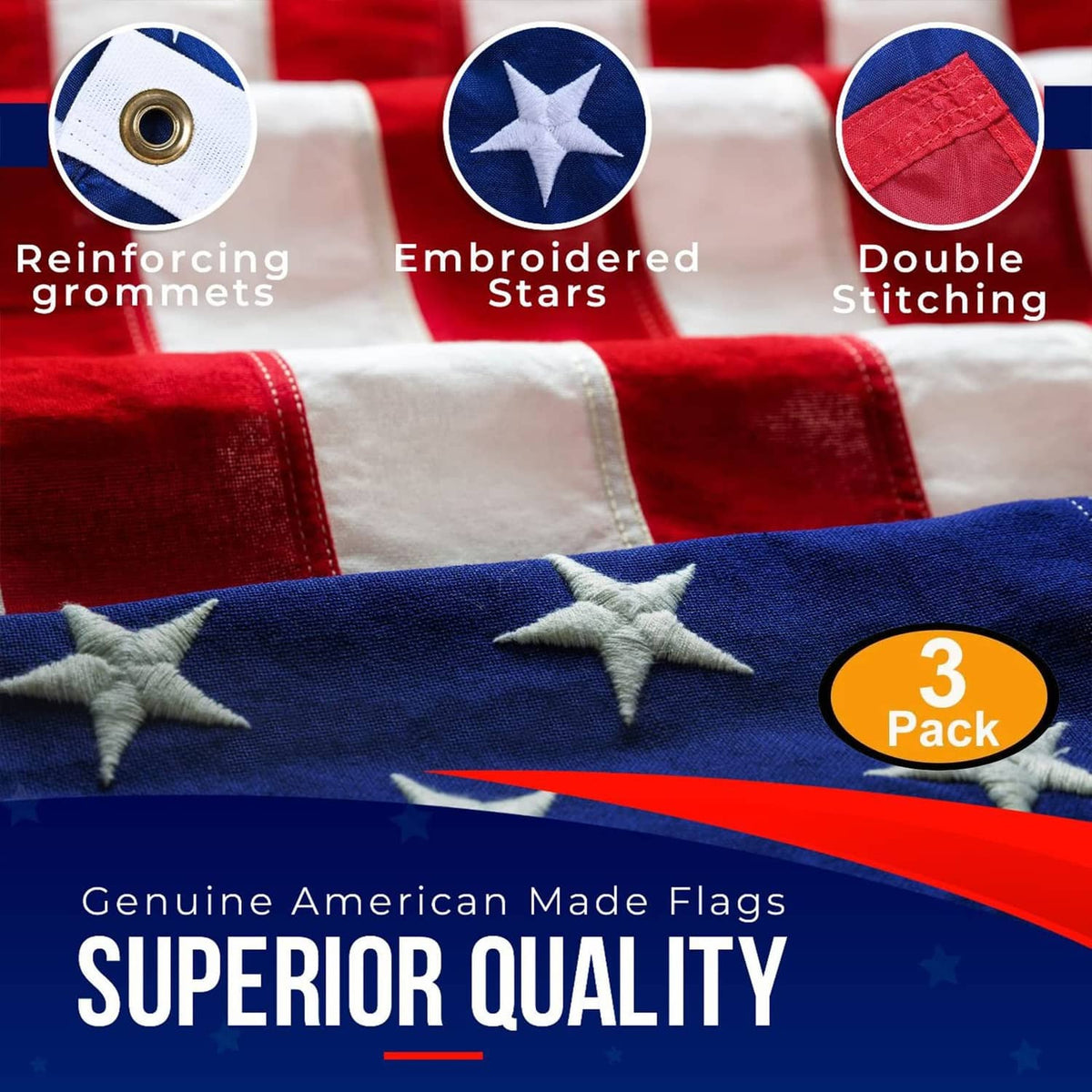 American flag fabric detail with reinforced grommets, embroidered stars, double stitching