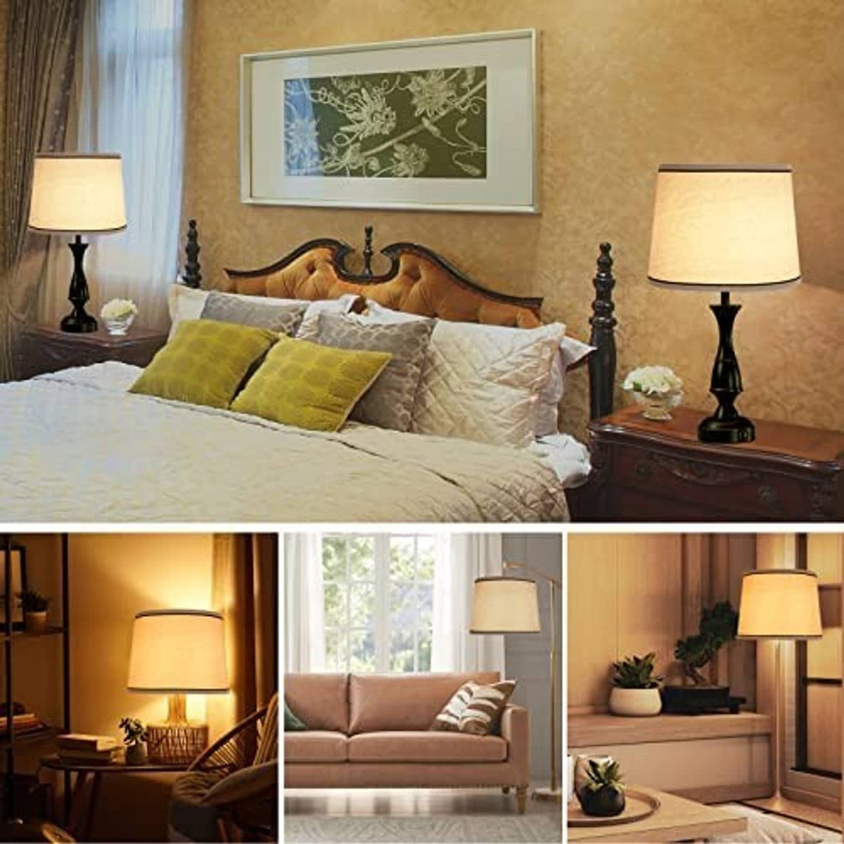 Beige drum lamp shade with black trim on a table lamp