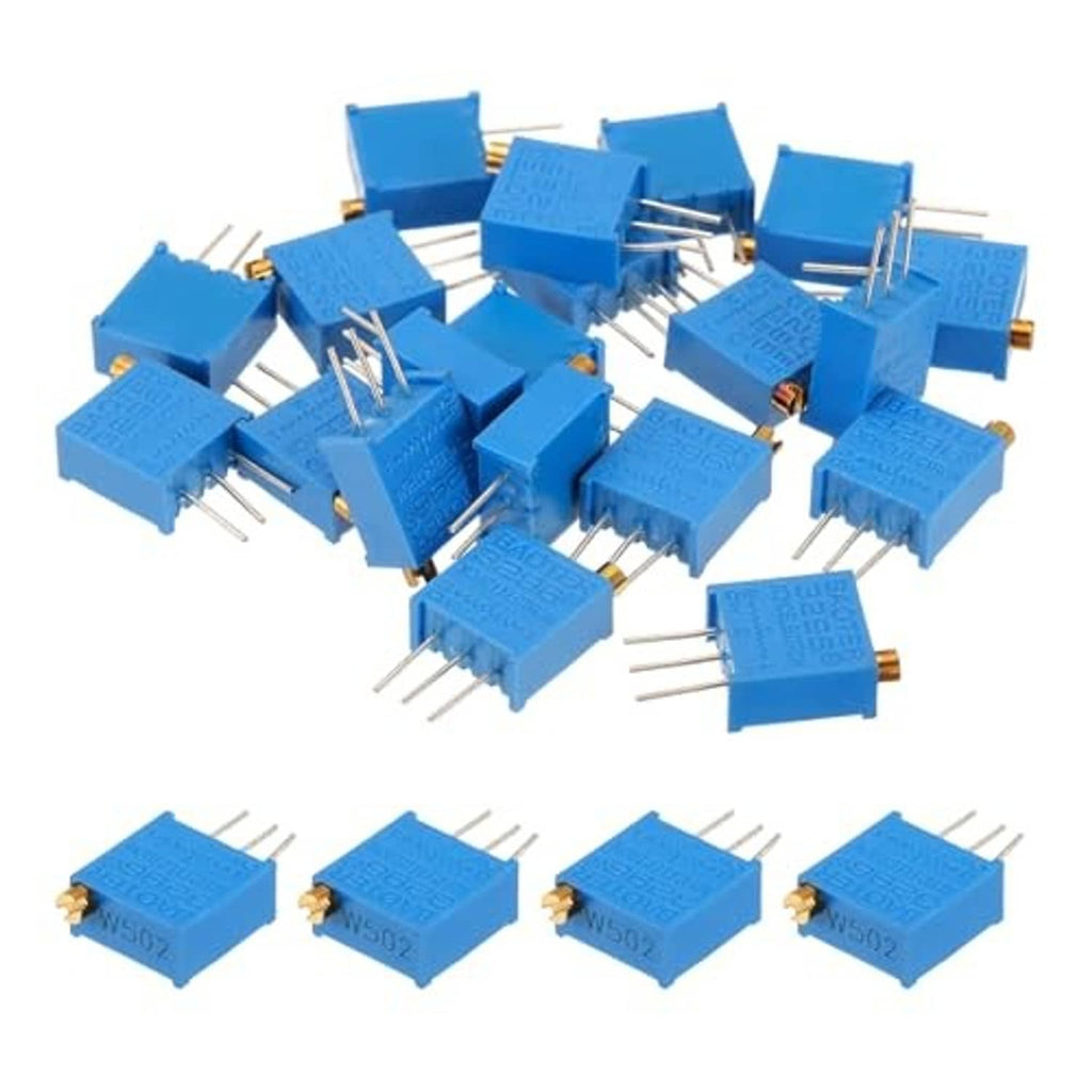 Blue multiturn trimmer potentiometers with 3-pin leads, close view of assorted set
