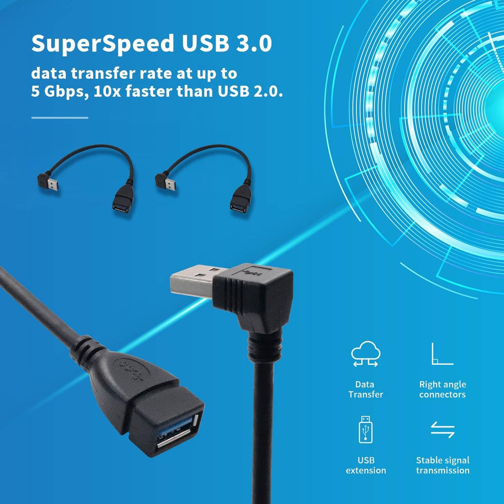 USB 3.0 right-angle extension cable with two blue USB-A ports and USB-A plug.