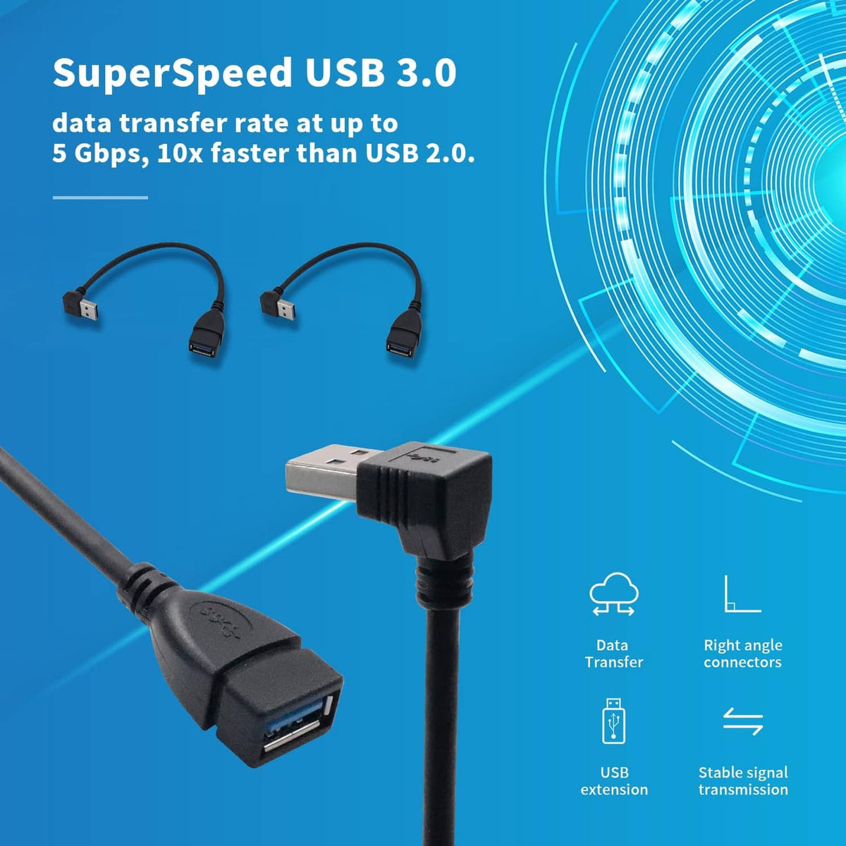 USB 3.0 right-angle extension cable with two blue USB-A ports and USB-A plug.