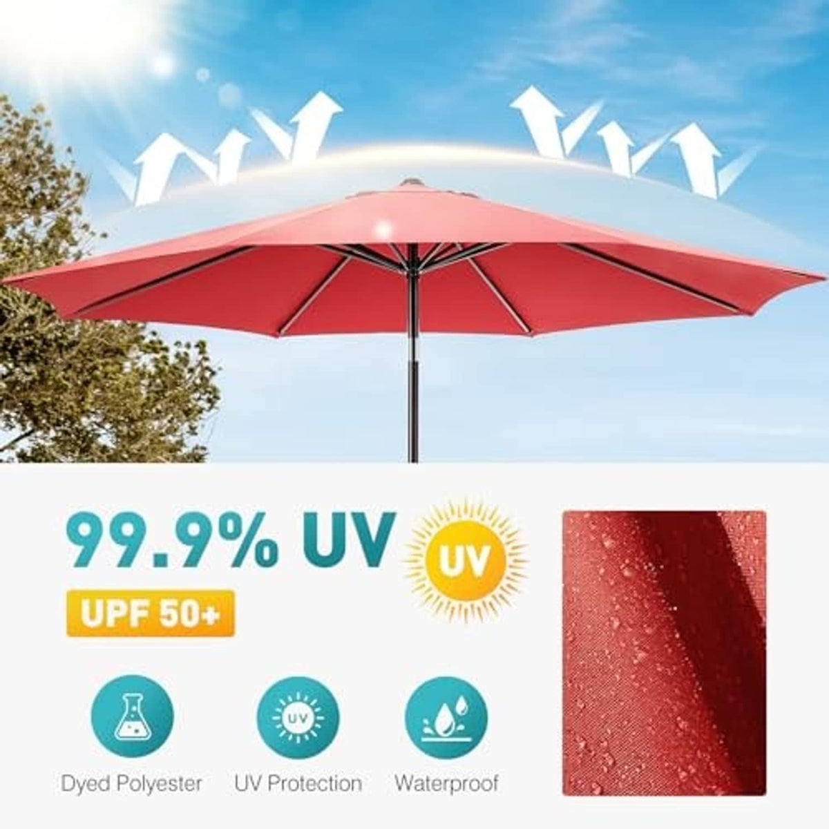 Dark red outdoor patio umbrella open above patio seating in sunny weather