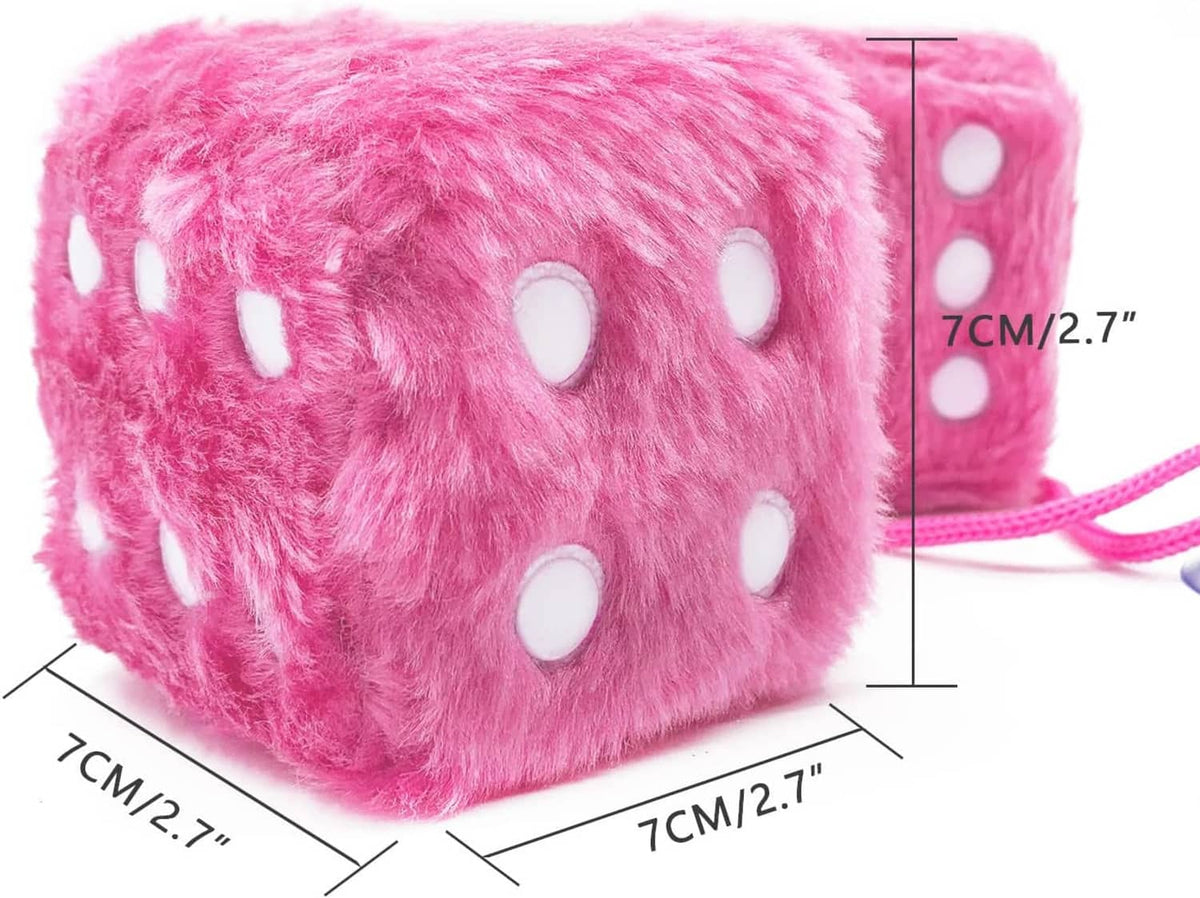 Pink plush dice cube with white pips and hanging cord; size measurement shown
