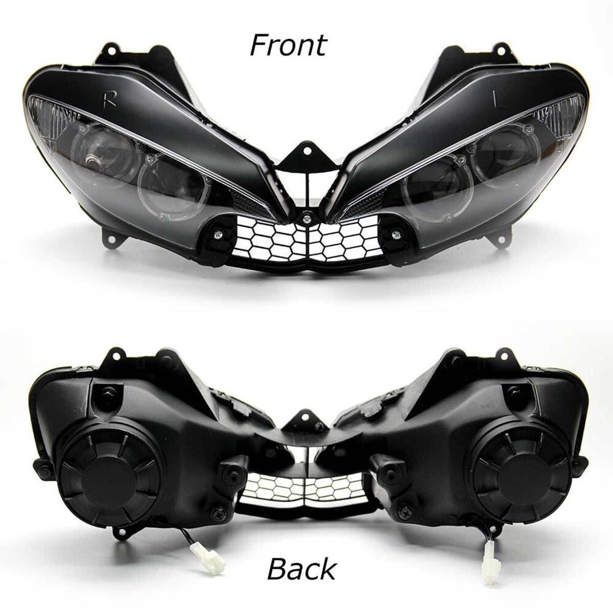 Front headlight fairing shown from front and back with mounting points and grille