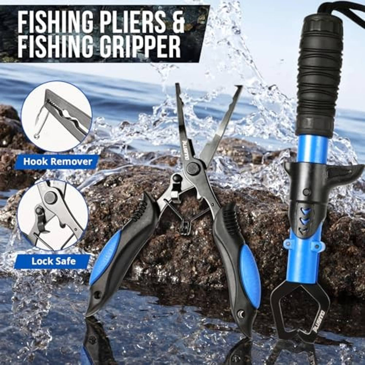 Fishing pliers and gripper tool set with hook remover on dark case