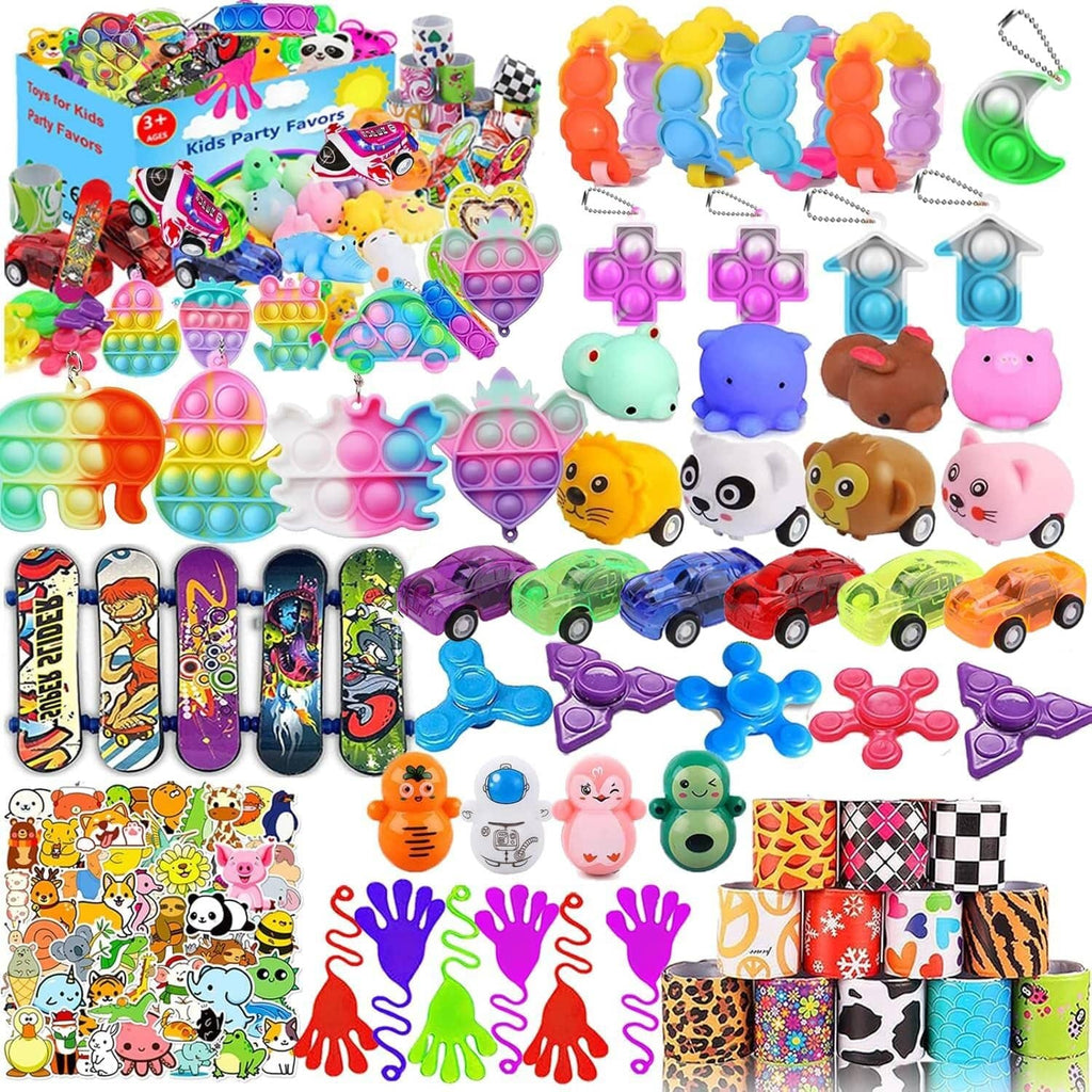 Kids party fidget toy assortment with pop bubbles, animal figures, cars, and keychains