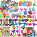 Kids party fidget toy assortment with pop bubbles, animal figures, cars, and keychains