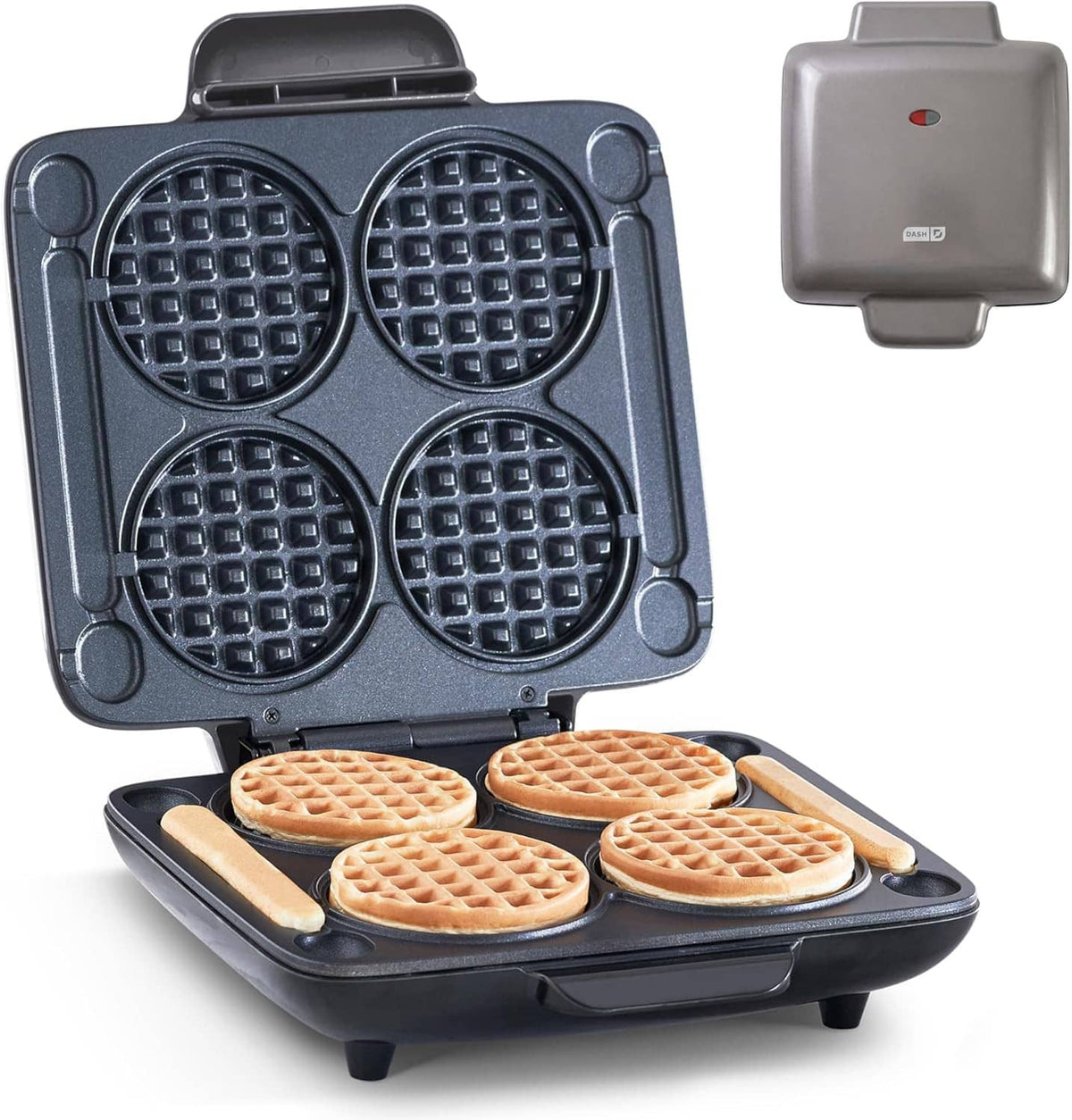 Graphite 4-mini waffle maker with lid open and four round waffle plates
