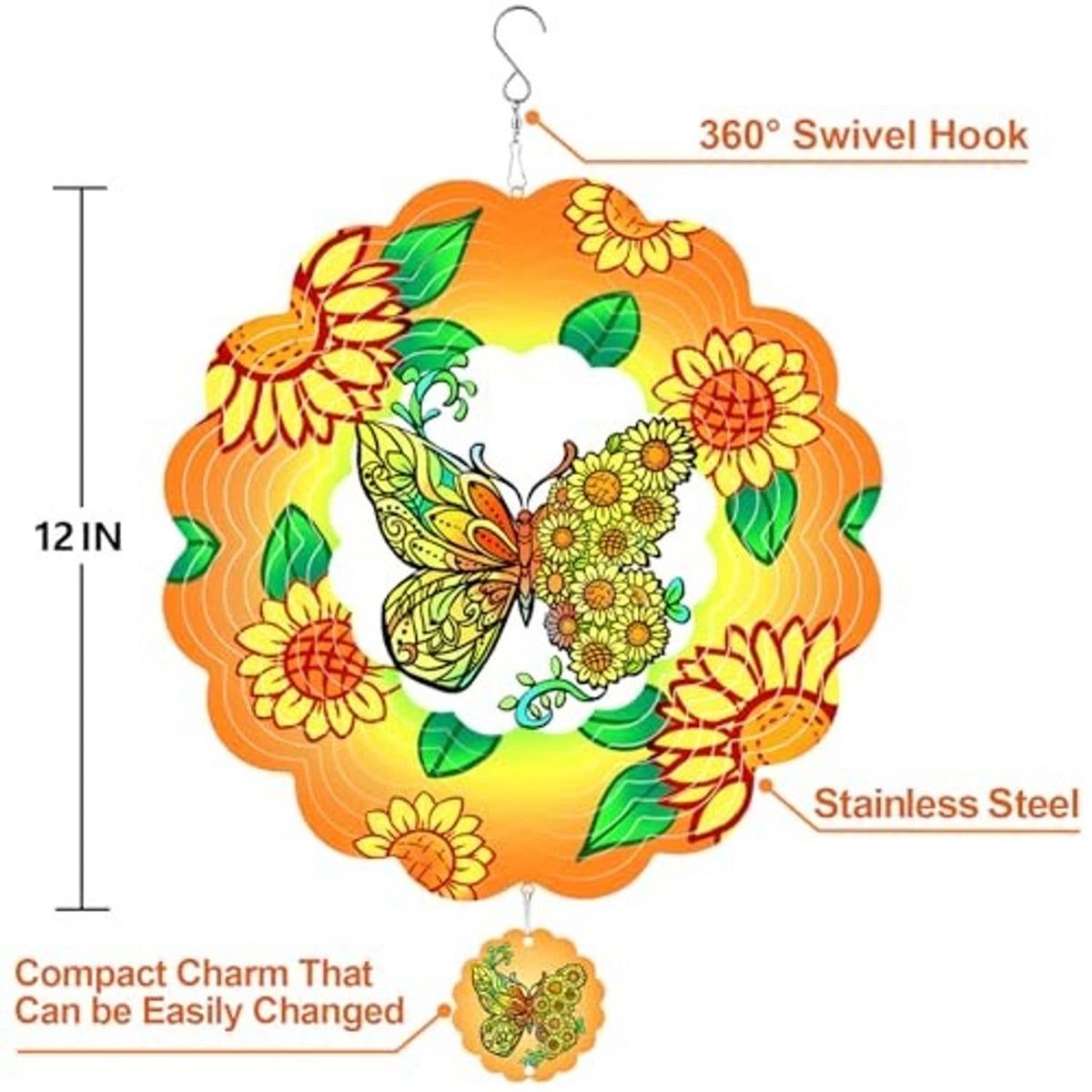Butterfly wind spinner, orange floral design with green leaves, 360° swivel hook and size shown