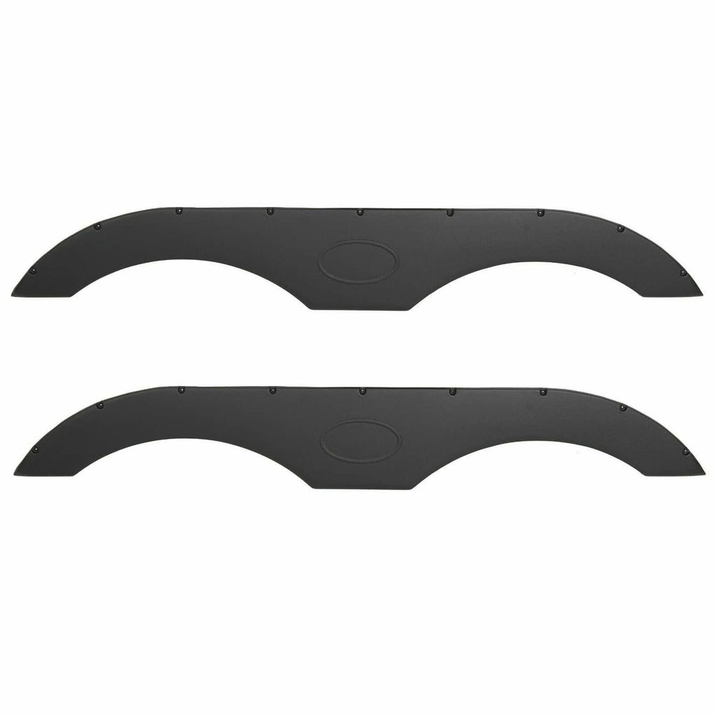 Black trailer fender skirt pair with oval centers, curved covers with mounting hole rows