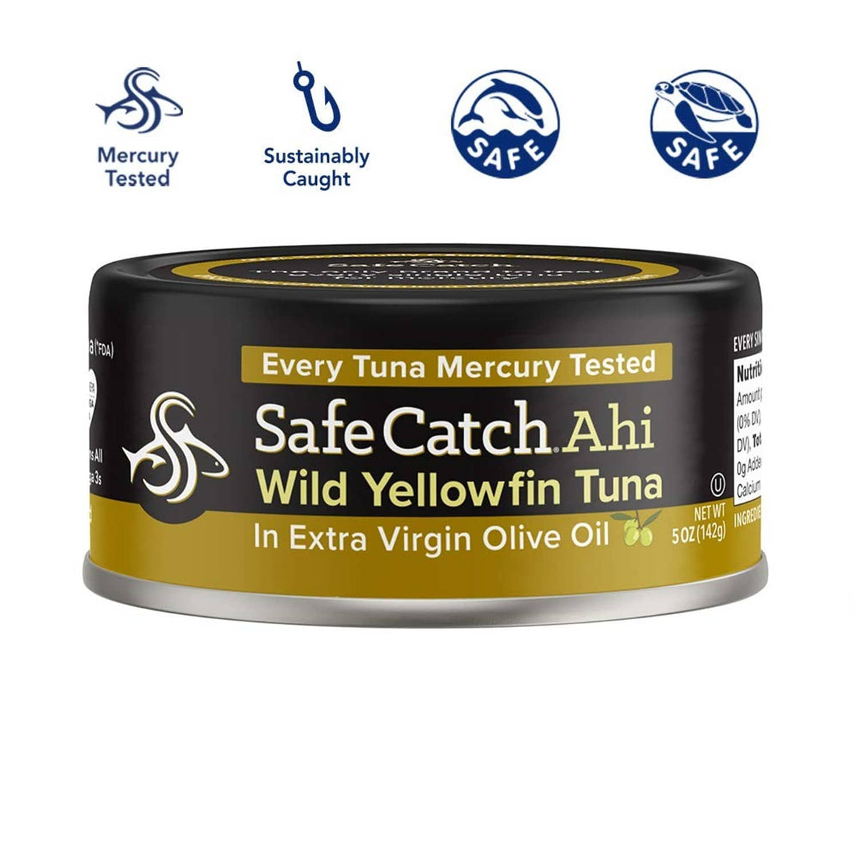 Ahi wild yellowfin tuna can in extra virgin olive oil, gold label on black lid