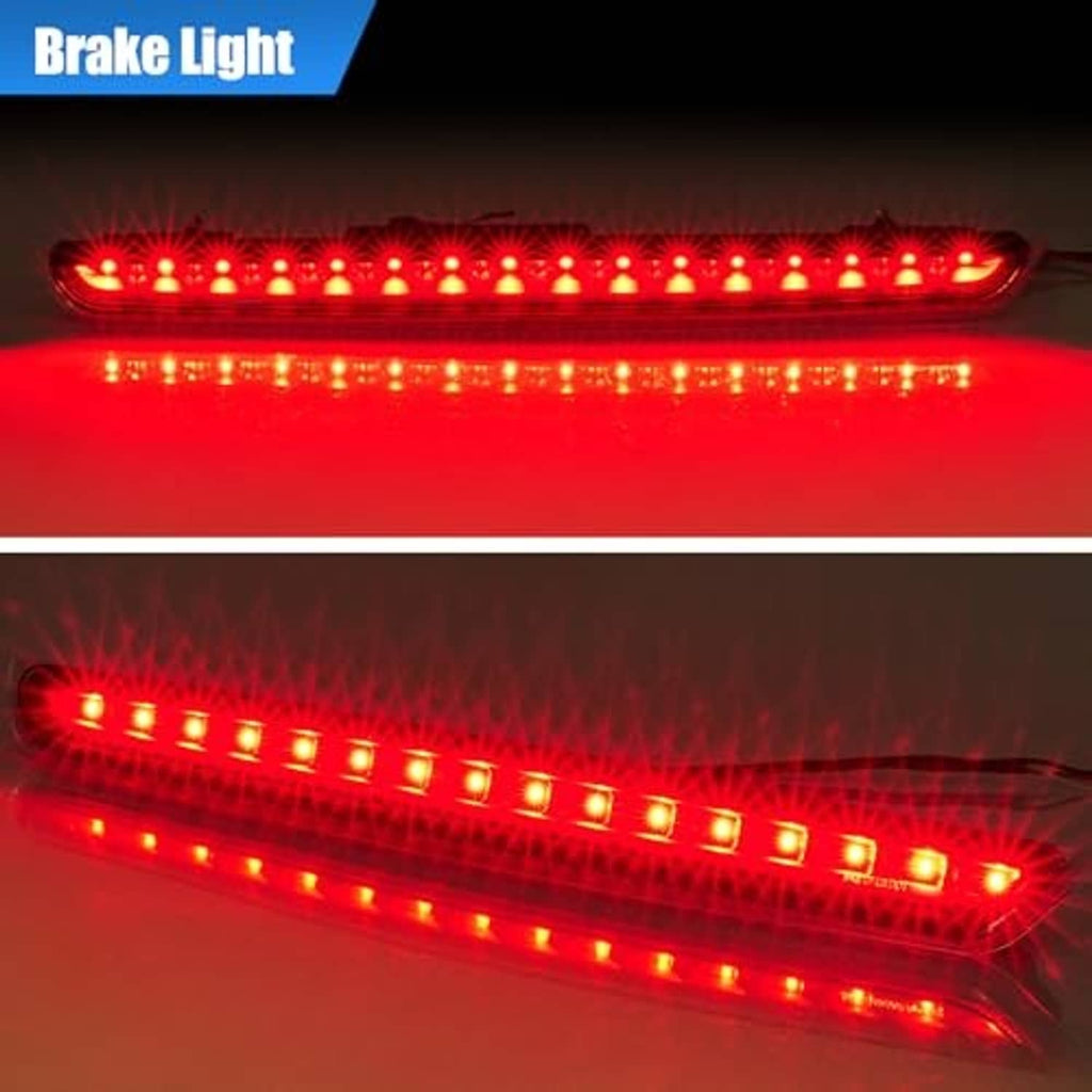 LED brake light bar glowing red with bright LED dots for attention