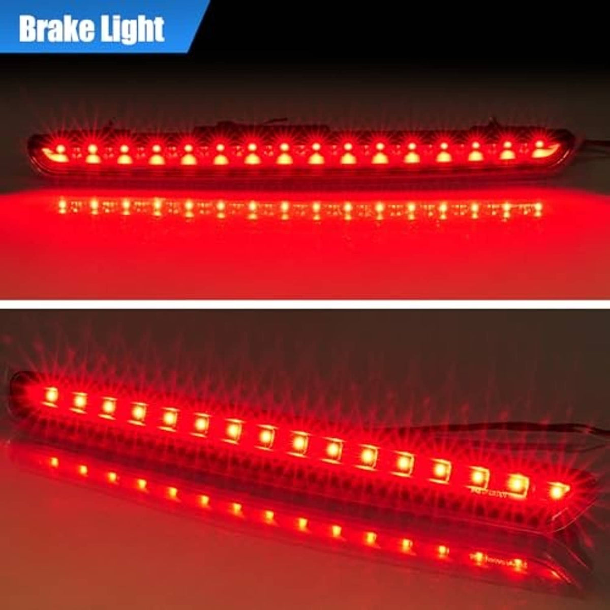 LED brake light bar glowing red with bright LED dots for attention