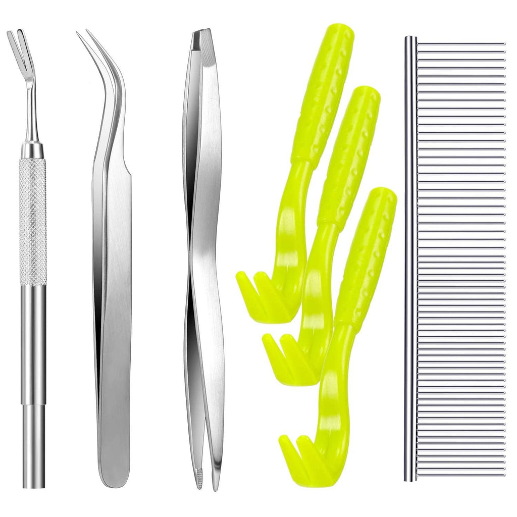 Tick removal tool set with stainless steel tweezers and three lime green plastic hooks