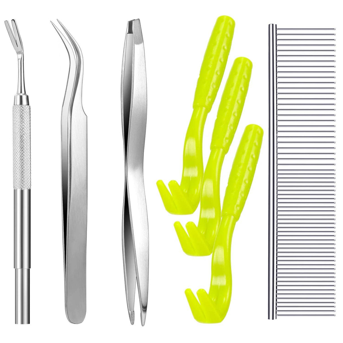 Tick removal tool set with stainless steel tweezers and three lime green plastic hooks