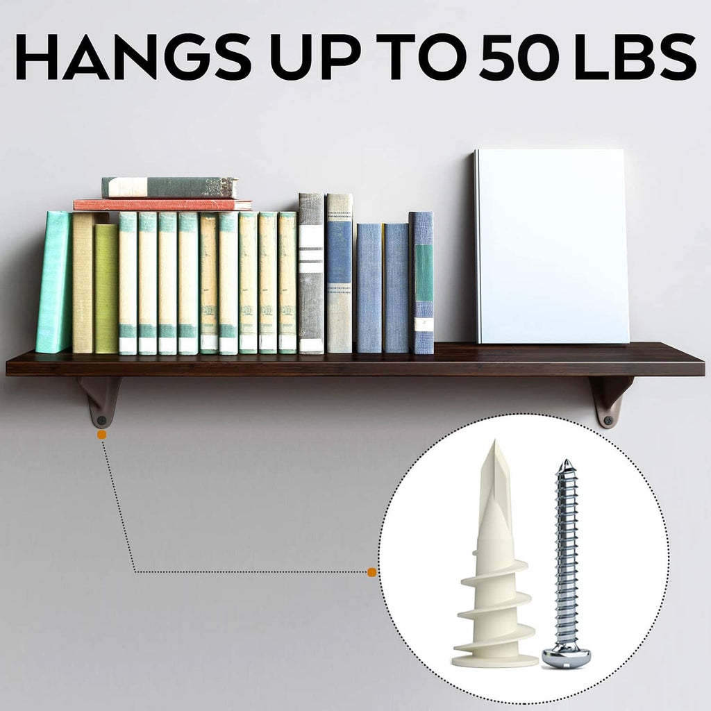 Drywall anchors shown in inset supporting a wall shelf load, plastic anchors and screws