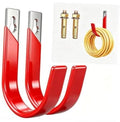 Set of 2 red U-shaped wall mount metal garage hooks with silver mounting plates and clips