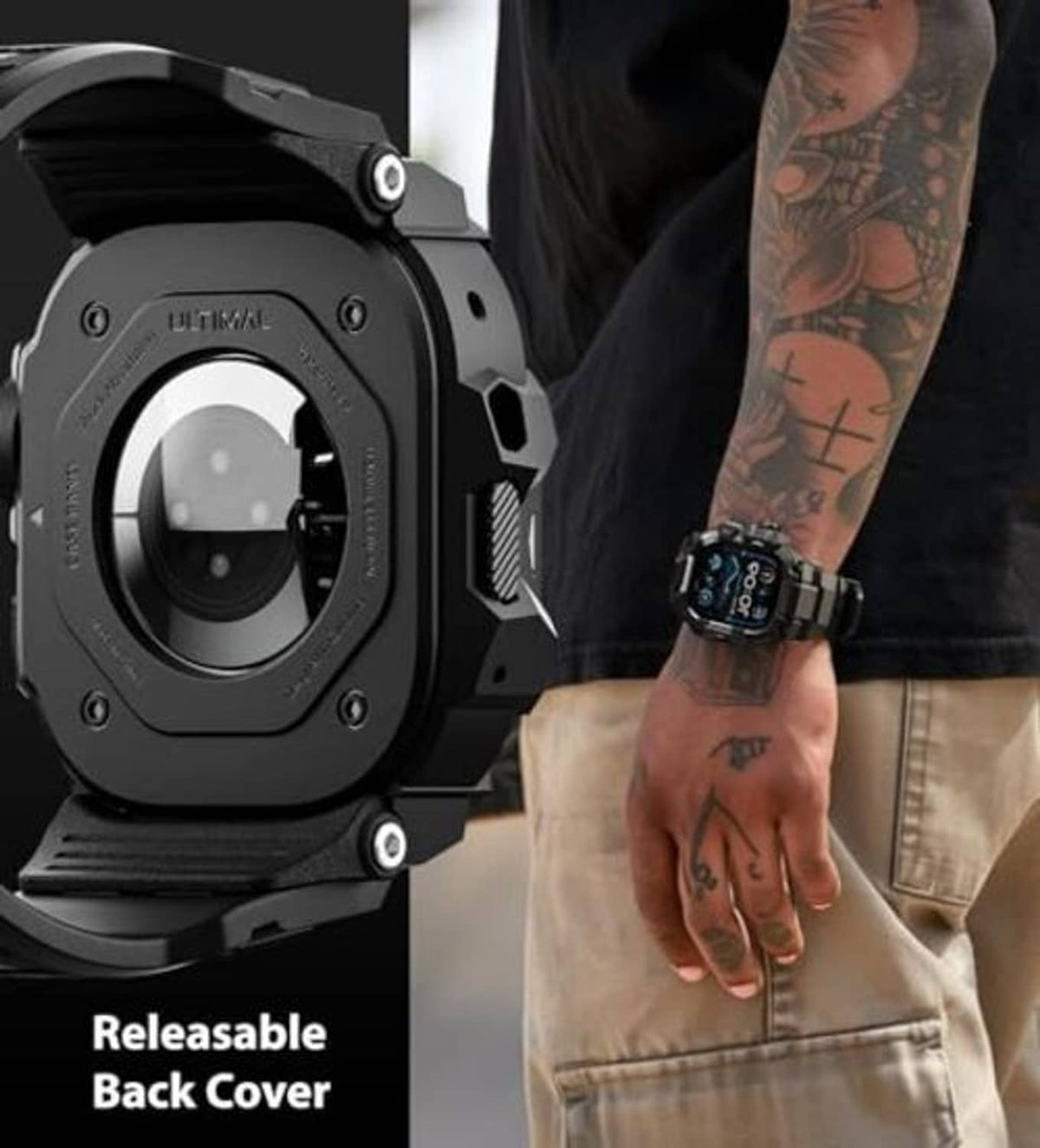 Black rugged smartwatch on wrist with protective side frame and band holes